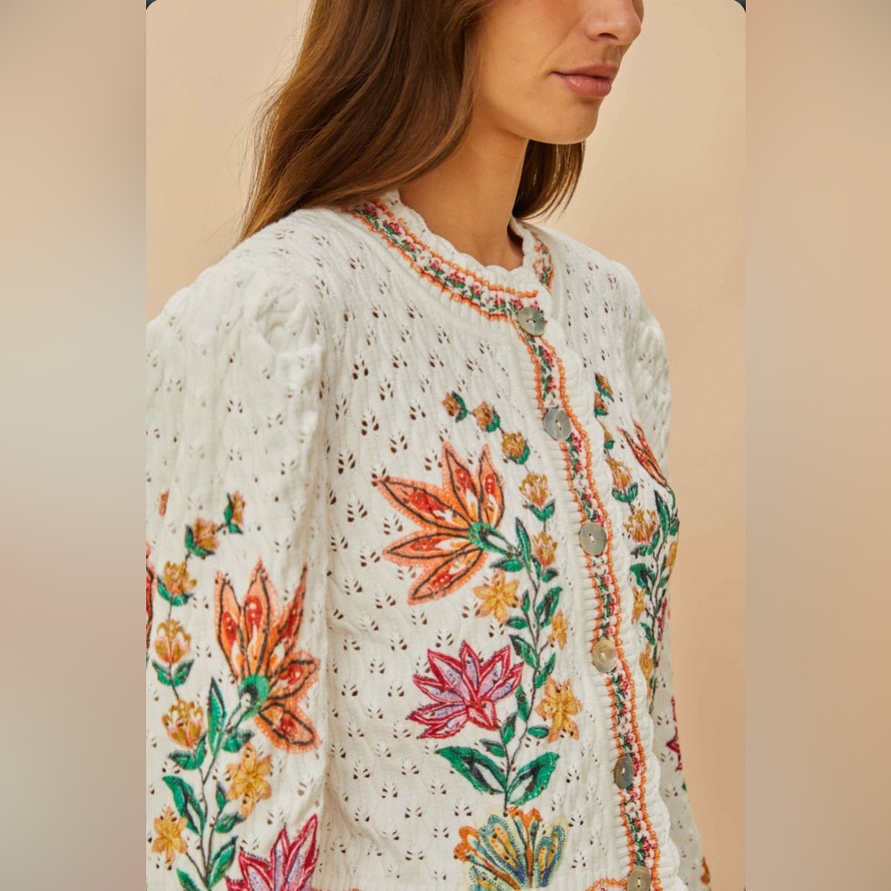 FARM Rio White Cropped Eyelet Cardigan with Multicolor Floral Embroidery - Picture 3 of 7